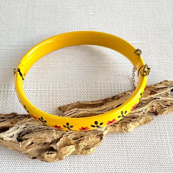 Yellow Enamel Folk Art Bangle with Flowers - Picture 1 of 10